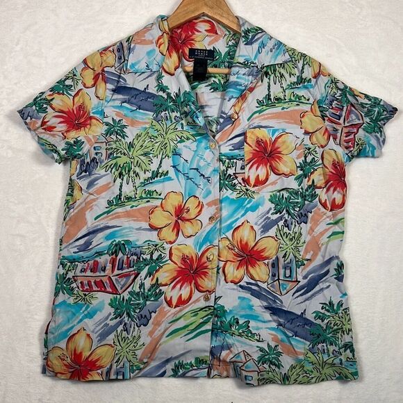 Crazy horse Liz Claiborne Hawaiian button up short sleeve blouse shirt women Sm‎ - Picture 1 of 5